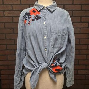 Old Navy Blue Button Down Shirt with Red Floral Embroidery